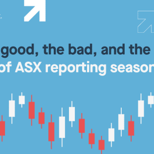 The good, the bad, and the ugly of ASX reporting season on blue background with stock candle charts
