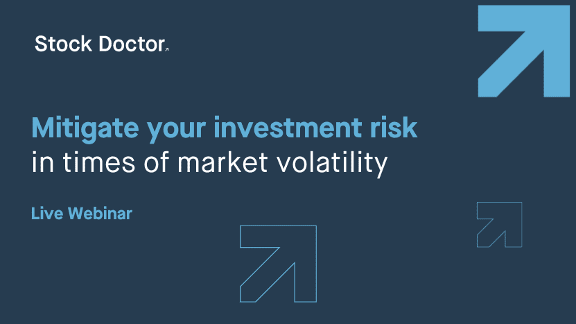 Blue background with Mitigate your investment risk in times of market volatility written on it